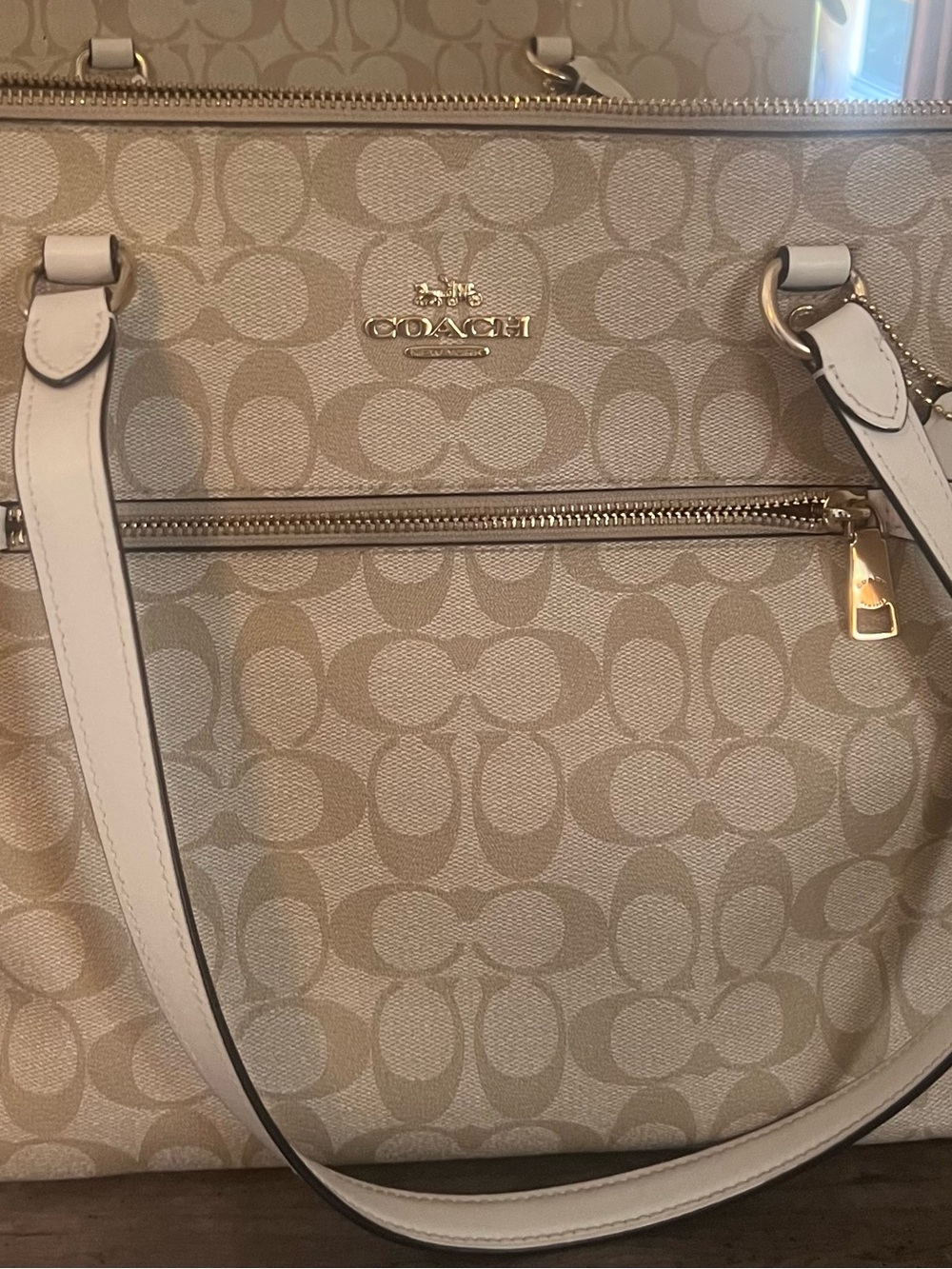 Coach Beige Signature Canvas Tote with Trim and Gold Hardware